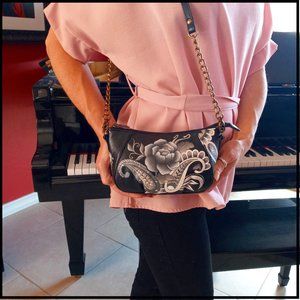 Anuschka, Genuine Leather, Hand-Made, Hand-Painted, Paisley & Peonies, Crossbody
